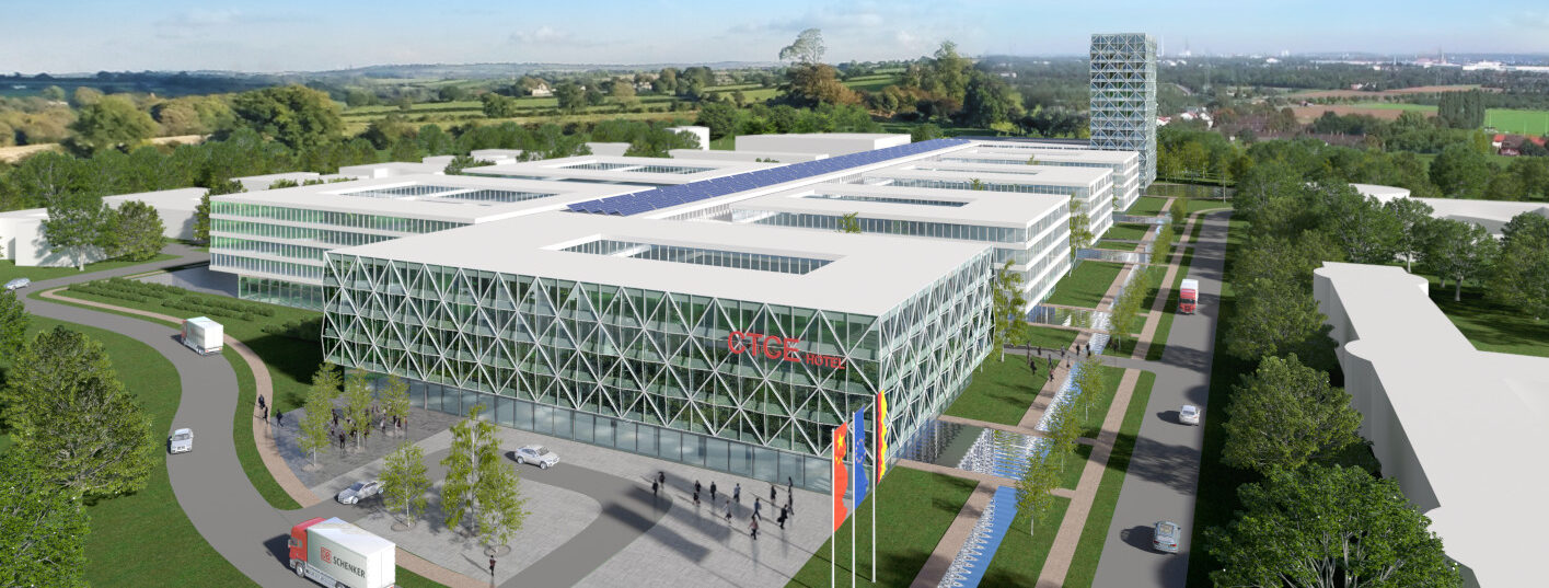 Sicht von einer Seite des 3D Konzept Foto des CTCE (China Trade Center Europe) Gebäudes in Duisburg