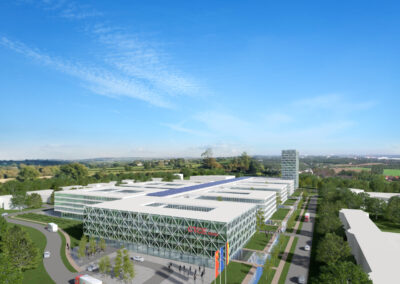 Sicht von einer Seite des 3D Konzept Foto des CTCE (China Trade Center Europe) Gebäudes in Duisburg