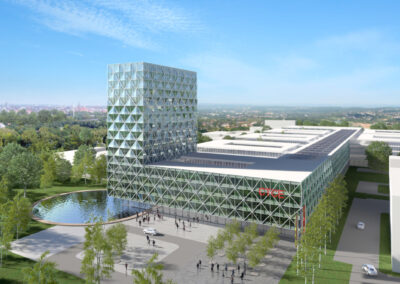 Sicht von einer Seite des 3D Konzept Foto des CTCE (China Trade Center Europe) Gebäudes in Duisburg