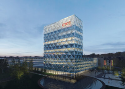 Sicht von vorne bei Nacht des 3D Konzept Foto des CTCE (China Trade Center Europe) Gebäudes in Duisburg