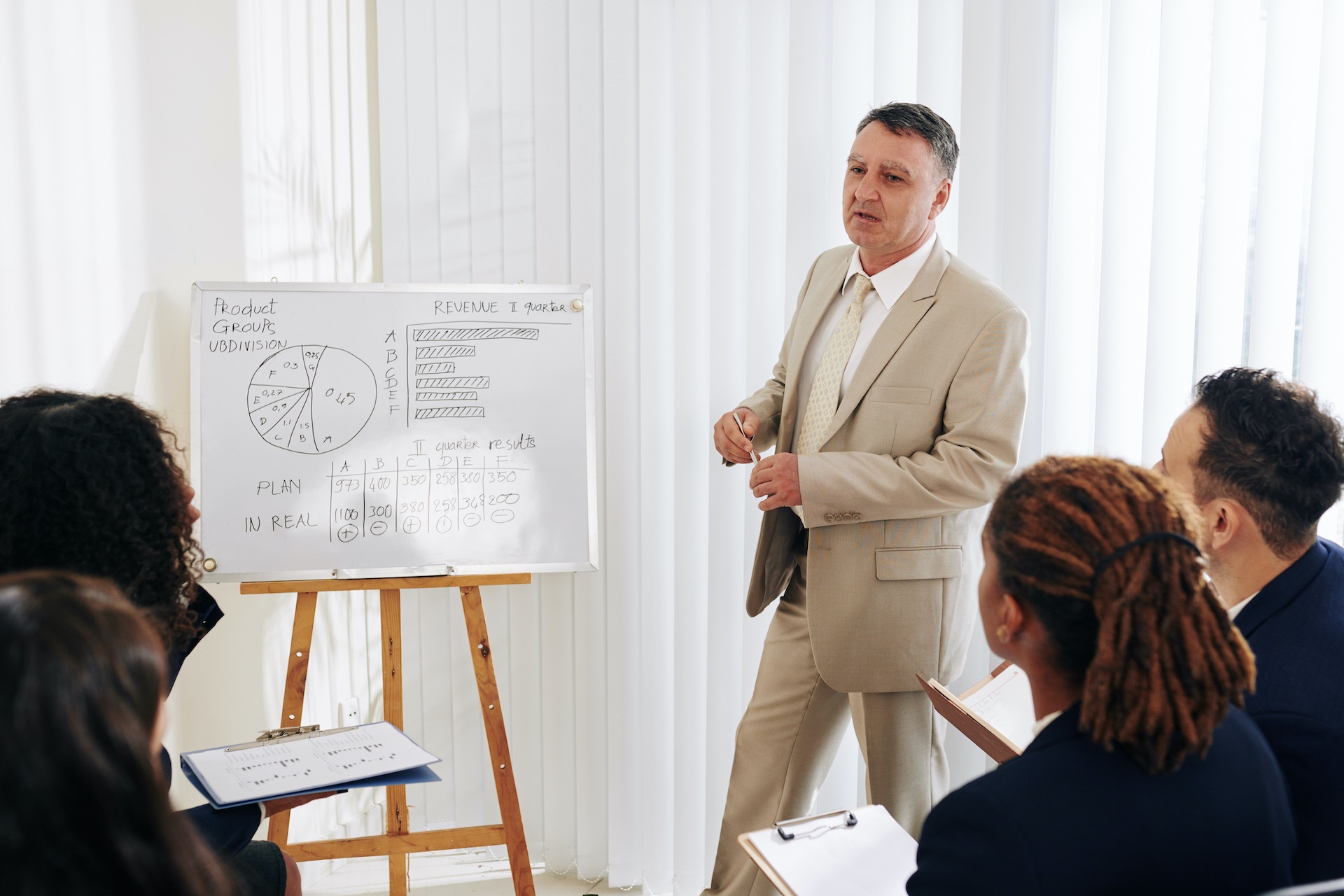 Business Mann spricht vor seinen Mitarbeitern und erklärt sein Konzept in einem Meeting